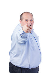 Image showing Fat Man in a Blue Shirt, Points Finger