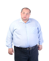 Image showing Fat Man in a Blue Shirt, Contorts Antics