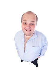 Image showing Happy Fat Man in a Blue Shirt, wide-angle top view