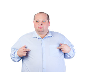 Image showing Fat Man in a Blue Shirt, Showing Obscene Gestures