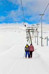 Image showing Ski-lift, skiers