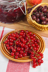 Image showing Jam with berries of red currant and gooseberry on the table