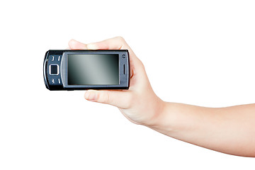 Image showing hand holding a black mobile phone