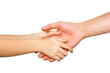 Image showing small child's hand holding on to a big hand man