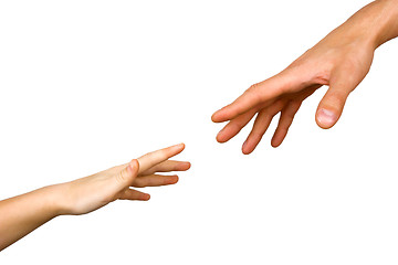 Image showing small child's hand reaches for the big hand man