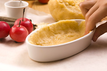 Image showing Detail of child hands making apple pie