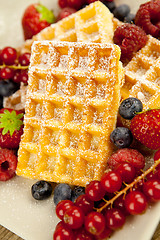 Image showing fresh tasty waffer with powder sugar and mixed fruits