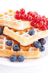 Image showing sweet fresh tasty waffles with mixed fruits isolated