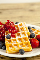 Image showing fresh tasty waffer with powder sugar and mixed fruits