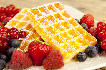 Image showing fresh tasty waffer with powder sugar and mixed fruits