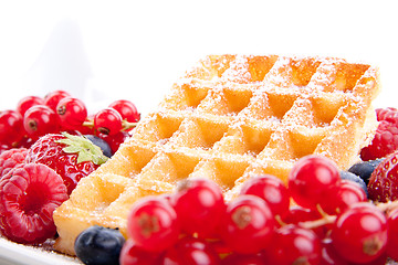 Image showing sweet fresh tasty waffles with mixed fruits isolated