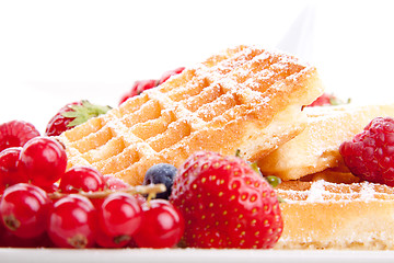 Image showing sweet fresh tasty waffles with mixed fruits isolated