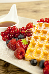 Image showing fresh tasty waffer with powder sugar and mixed fruits