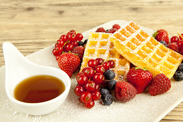 Image showing fresh tasty waffer with powder sugar and mixed fruits