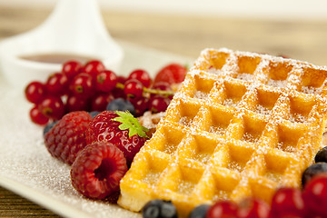 Image showing fresh tasty waffer with powder sugar and mixed fruits