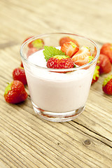 Image showing fresh tasty strawberry yoghurt shake dessert on table
