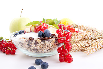 Image showing deliscious healthy breakfast with flakes and fruits isolated