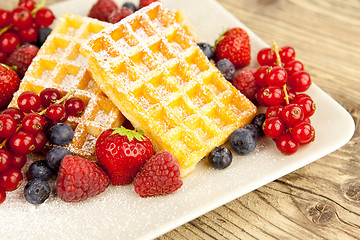 Image showing fresh tasty waffer with powder sugar and mixed fruits