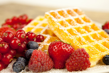 Image showing fresh tasty waffer with powder sugar and mixed fruits