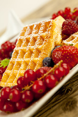 Image showing fresh tasty waffer with powder sugar and mixed fruits