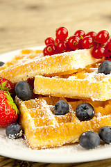 Image showing fresh tasty waffer with powder sugar and mixed fruits