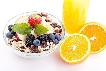 Image showing deliscious healthy breakfast with flakes and fruits isolated