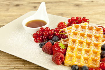 Image showing fresh tasty waffer with powder sugar and mixed fruits