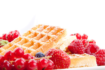 Image showing sweet fresh tasty waffles with mixed fruits isolated