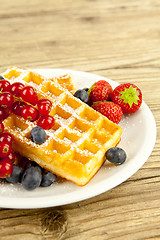 Image showing fresh tasty waffer with powder sugar and mixed fruits