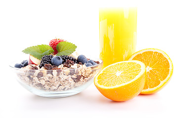 Image showing deliscious healthy breakfast with flakes and fruits isolated