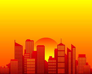 Image showing City skyline and sun