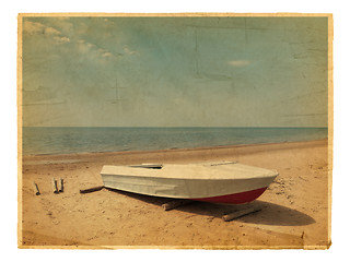 Image showing Old photo of Sea boat at beach 