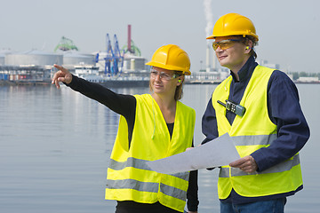 Image showing Construction workers in harbor