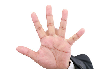 Image showing Shy business men hand gesture hide face stop sign 