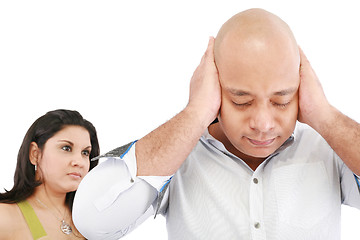 Image showing Young man and woman angry and conflicting, focus on man