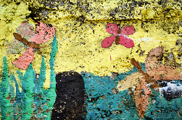 Image showing Concrete wall colorful paint with butterflies 