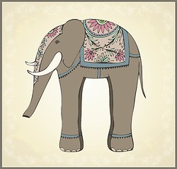 Image showing Greeting card with the Indian elephant.Illustration Indian elephant. Animal - elephant, vector.