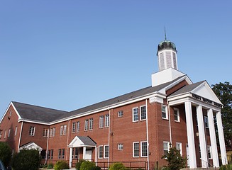 Image showing Brick church with steeple