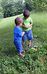 Image showing Brothers finding Easter eggs