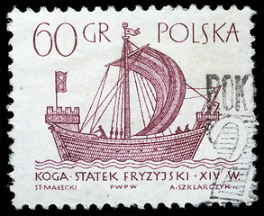 Image showing Stamp printed in Poland shows a vintage ship