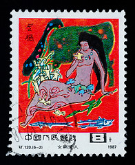 Image showing A Stamp shows a fairy story of the Sky-patching Goddess