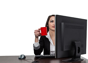 Image showing Businesswoman with a Red Cup of Coffee