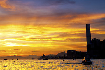 Image showing Sunset in Hong Kong city at coast