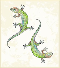 Image showing Illustration lizard. Greeting card with two gecko.  Animal – lizard, gecko, vector.