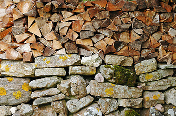 Image showing woodpile on stone wall