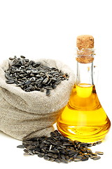 Image showing Sunflower seeds and oil in bottle.