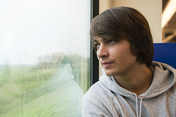 Image showing Young Man Travelling In Train