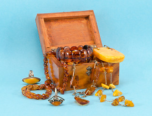 Image showing Amber apparel jewelry retro wooden box on blue 