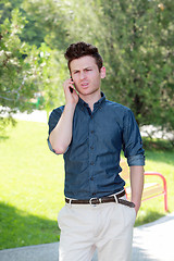 Image showing Unhappy man in park on telephone