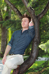 Image showing Portrait of young man relaxed on tree